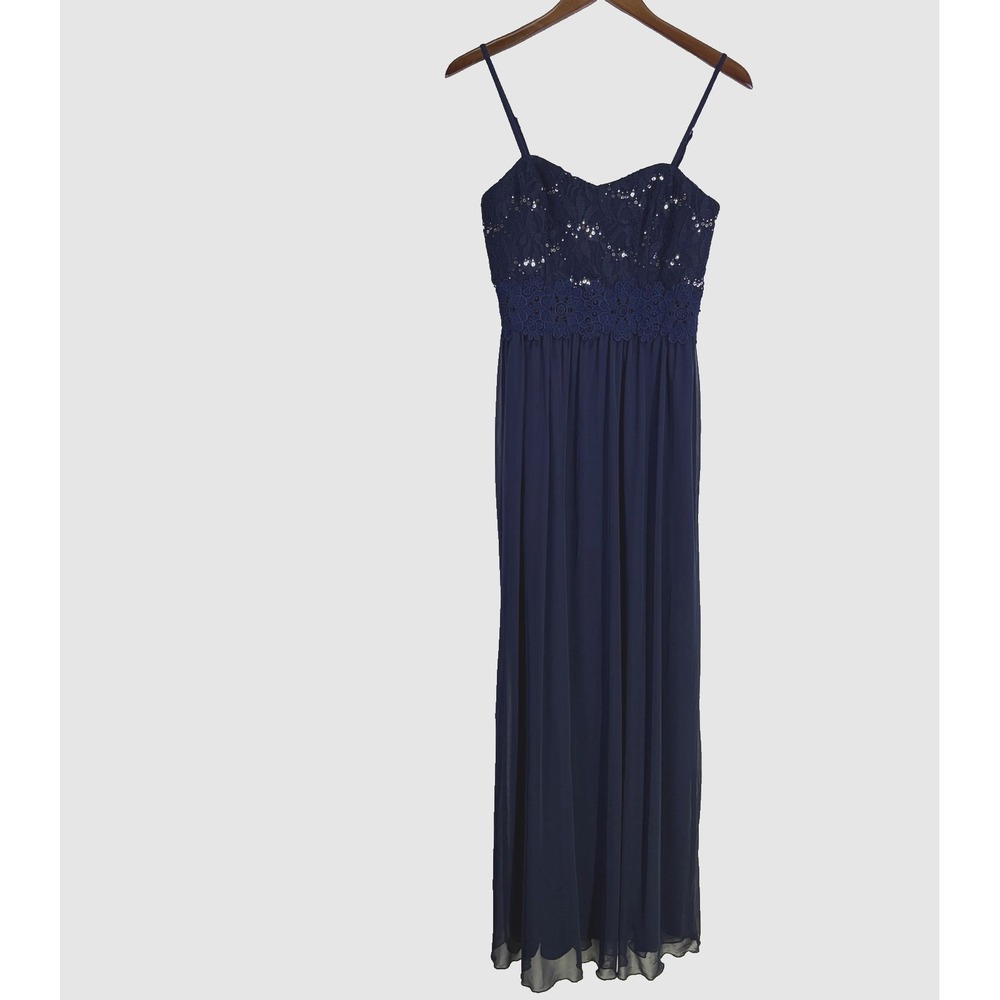 BCX Junior Formal Dress Size‎ 7 Navy Blue Floor Length Chiffon Lace Sequins Prom